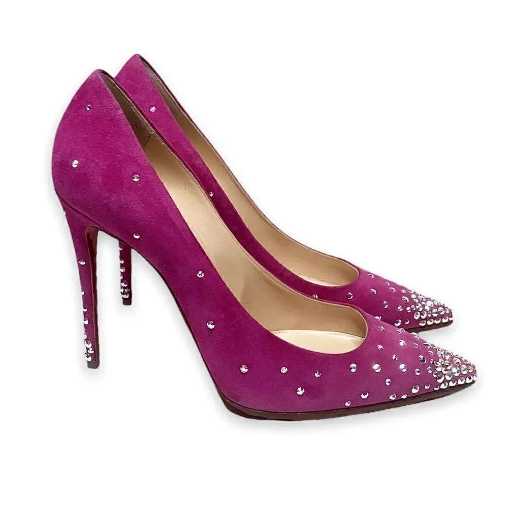 Christian Louboutin Pink Degrastrass 100 Suede/Stress Crystal Heel Pumps Size 37 - Picture 2 of 12